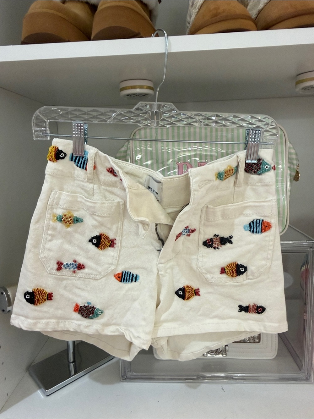 Maeve Cream High-Waist Shorts with Embroidered Multicolor Fish